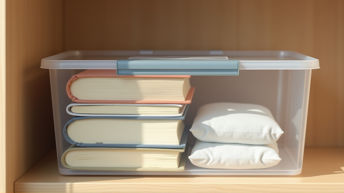 プラスチック収納ケースに本と乾燥剤を入れて保管する様子
