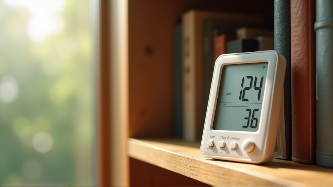 本棚の横に置かれたデジタル湿度計