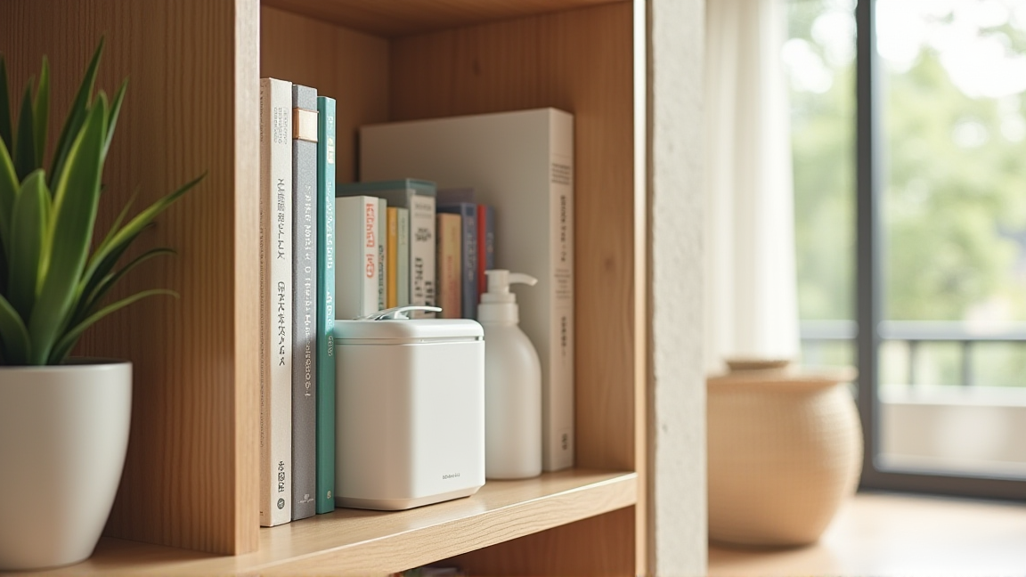 整理された本棚と除湿グッズ
