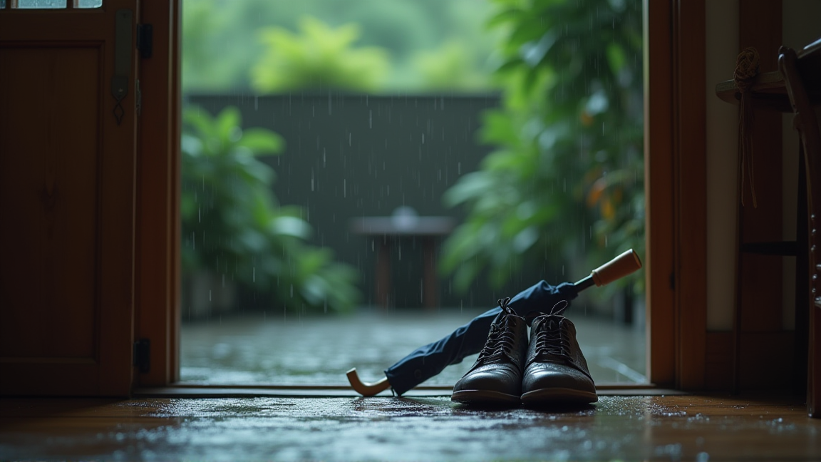 梅雨の玄関に並ぶ濡れた靴と傘