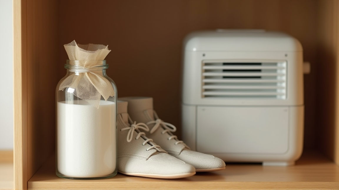 玄関に重曹の瓶と除湿剤を設置した様子