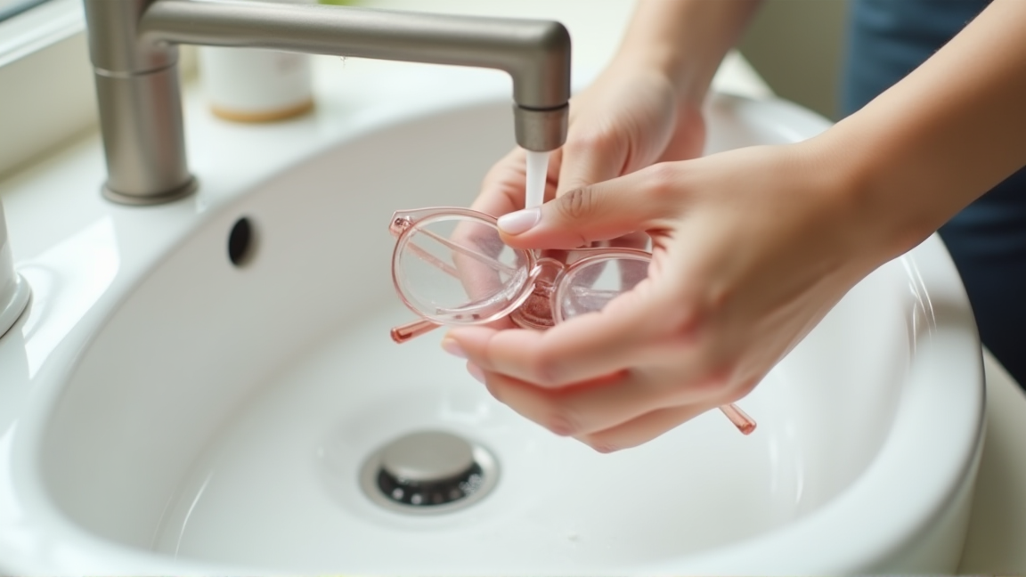 中性洗剤でメガネを洗っている手元