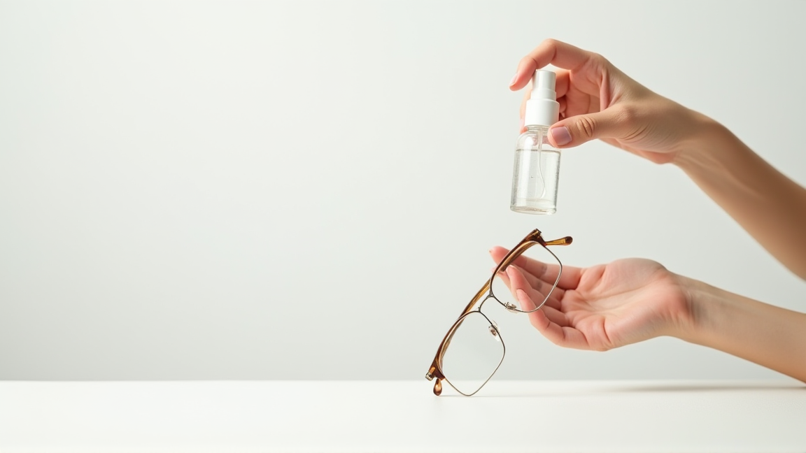 曇り止めスプレーをメガネに吹きかけている手元