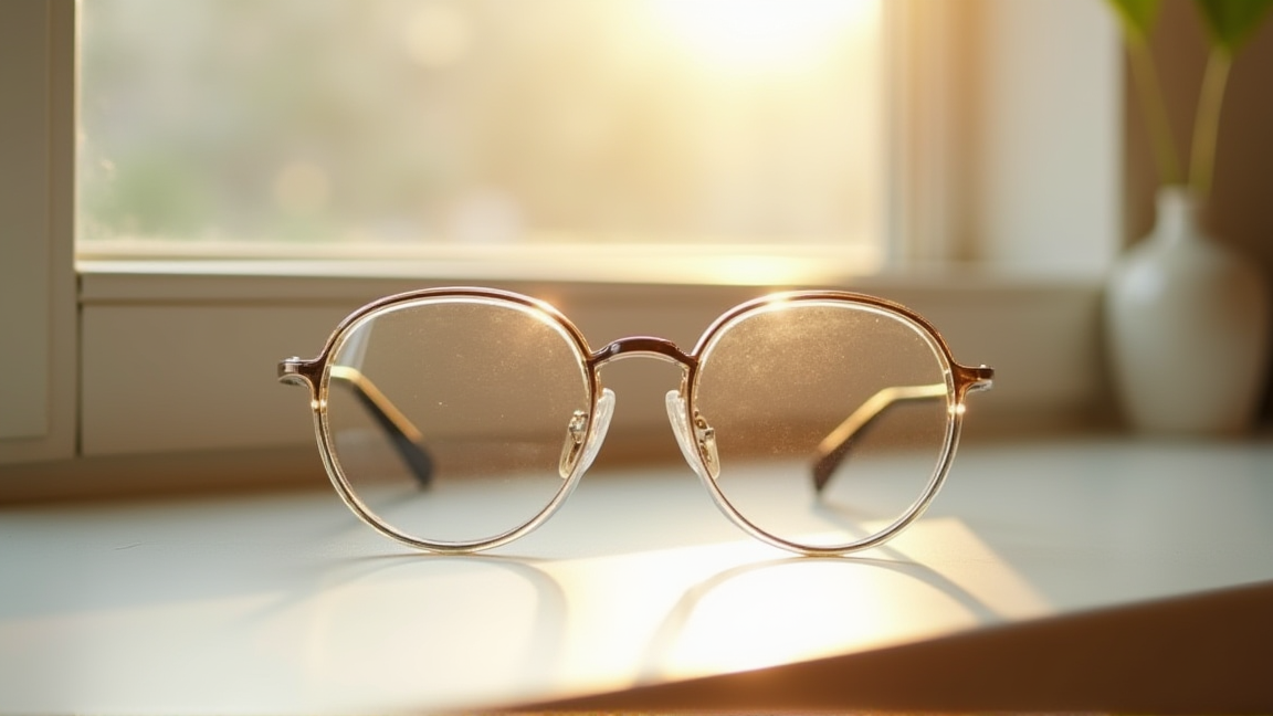 きれいに掃除されたメガネが窓際に置かれている様子