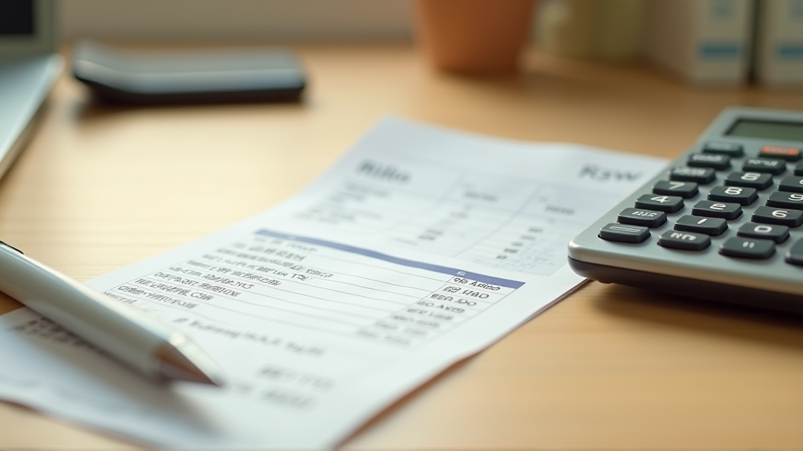 デスクの上に給与明細と電卓が置かれている様子