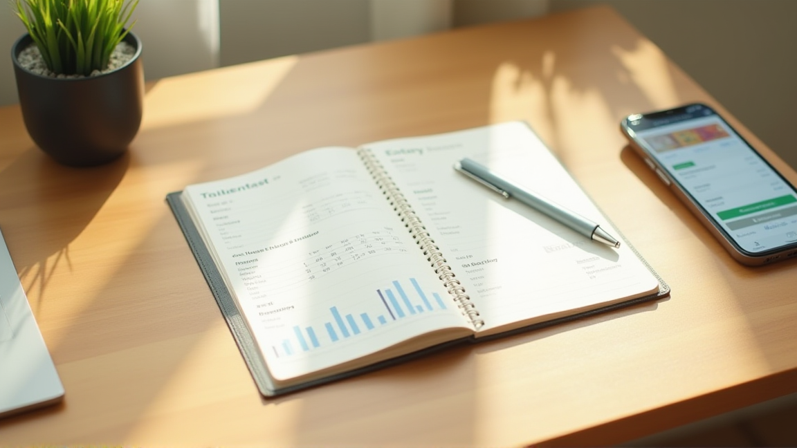 家計簿アプリと通帳が並んでいるデスクの様子