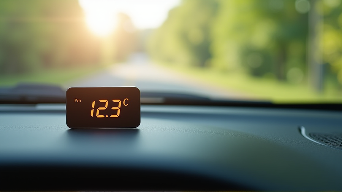 車内のダッシュボードに置かれた温度計が高温を示している様子