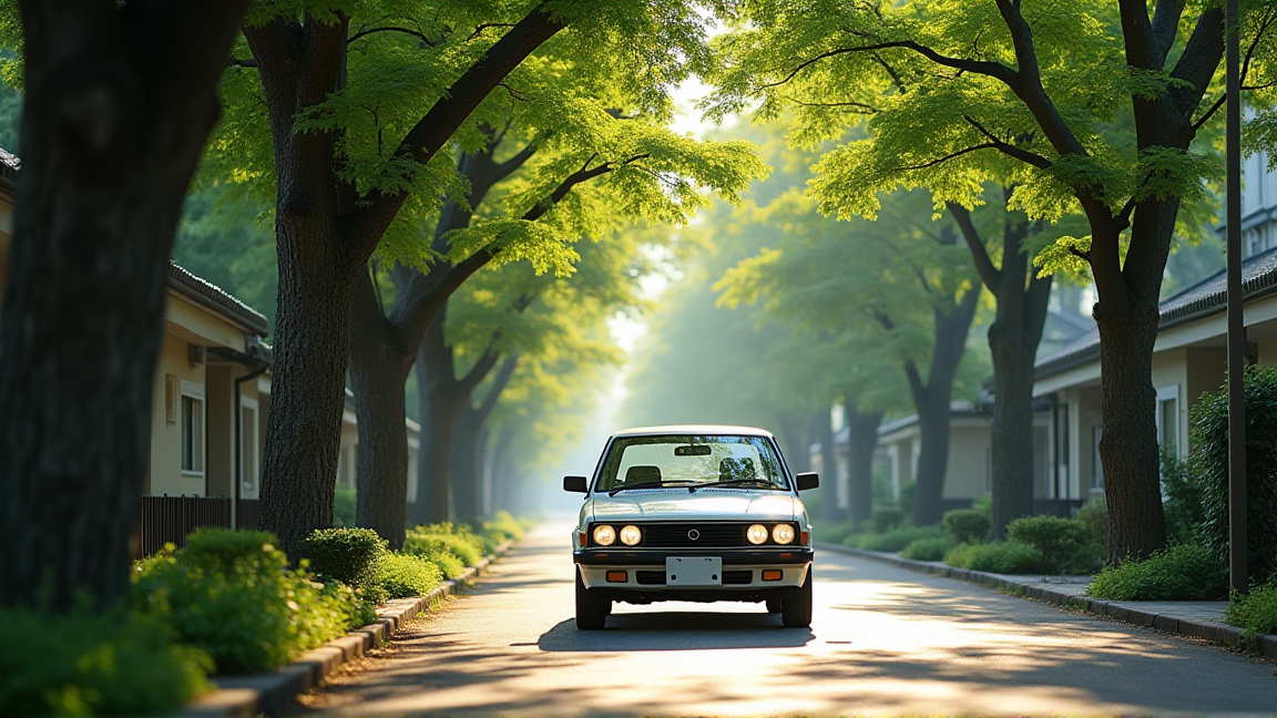日陰に駐車された車と木漏れ日の様子