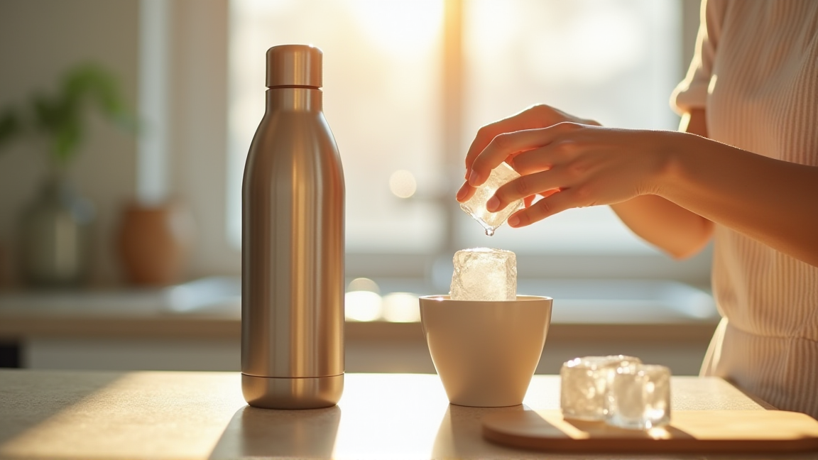 真空断熱水筒に氷を入れている手元