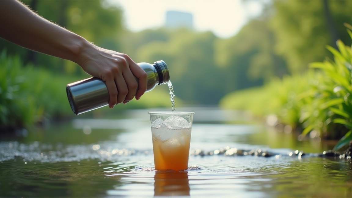 夏の公園で冷たい水筒の飲み物を注いでいる様子