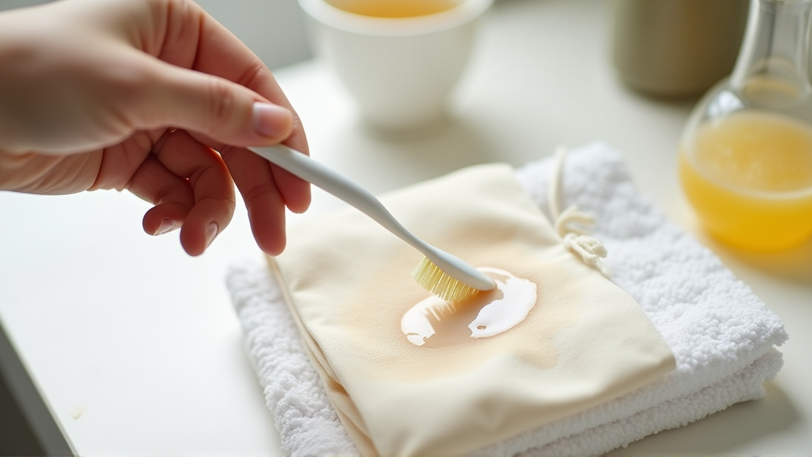 カバンの部分汚れを歯ブラシで落としている手元