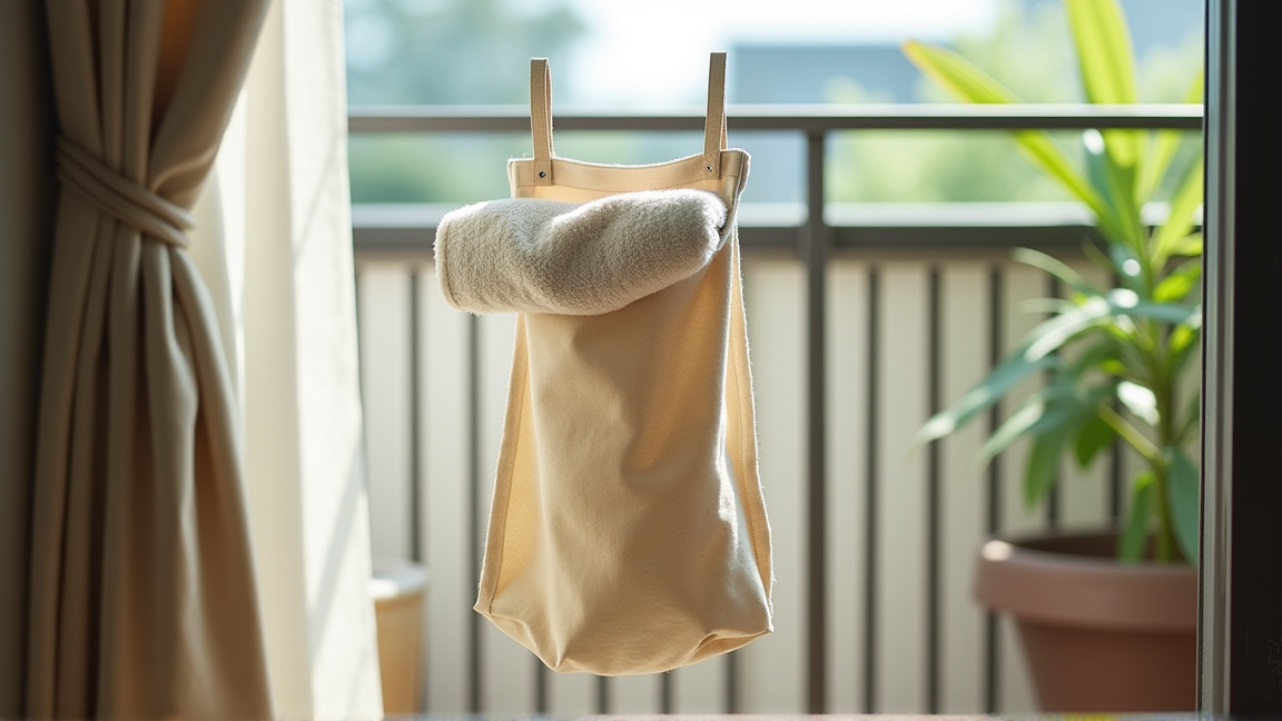 陰干しされている布製カバンとタオルが詰められている様子