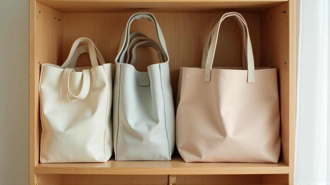 きれいになった布製カバンが棚に並んでいる様子