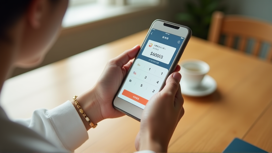 スマートフォンで銀行アプリの自動振替設定をしている手元