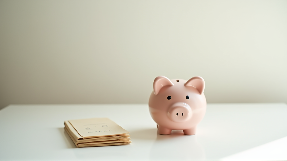 貯金箱と通帳が並んだデスク