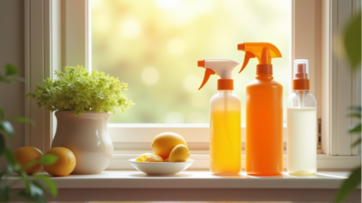 窓辺に虫除けスプレーと日焼け止めが並んでいる様子