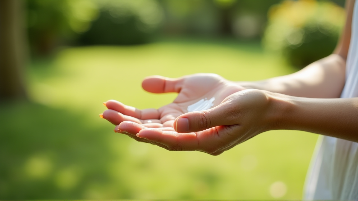 夏の日差しの中で腕にUVカットの日焼け止めを塗る手元