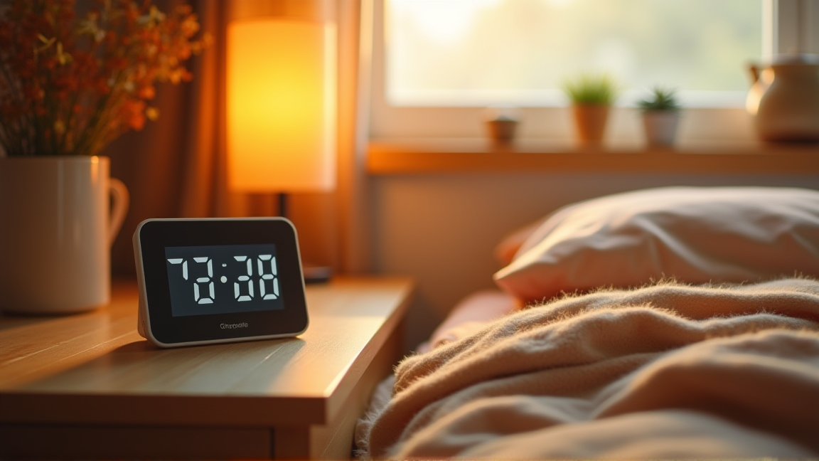 寝室に置かれた温度計と秋の寝具