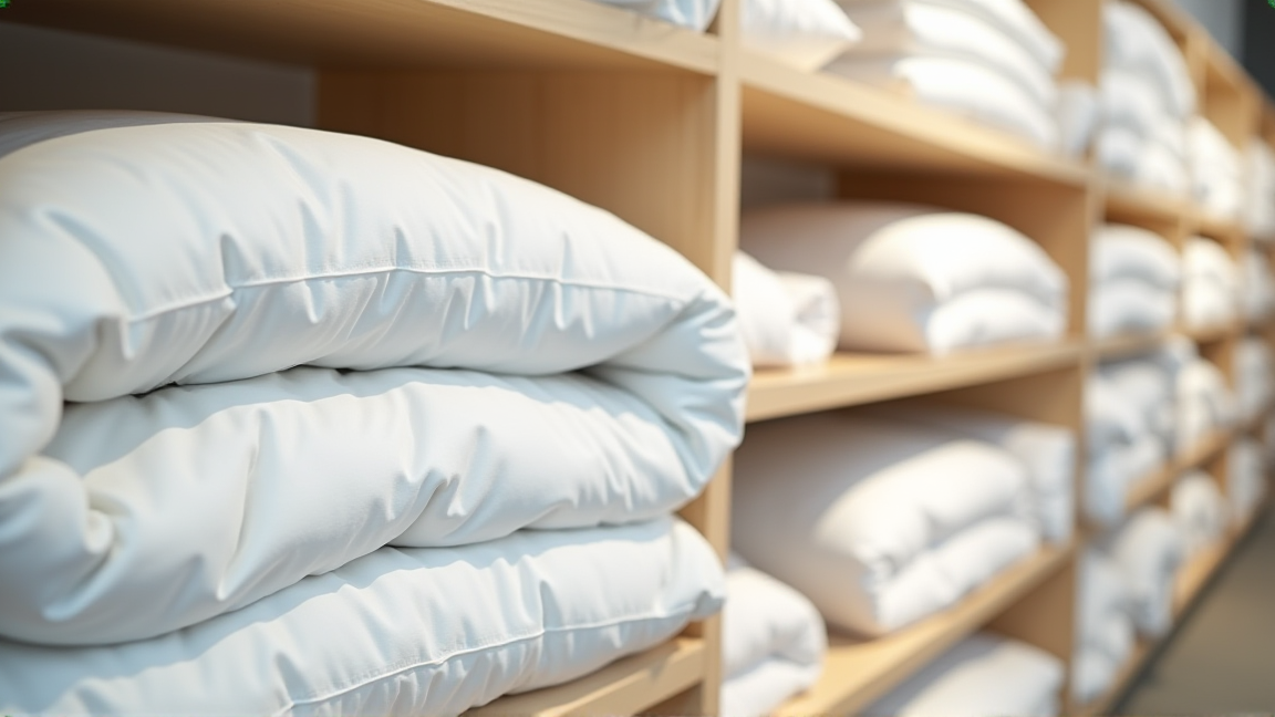 異なる素材の寝具が並べられた売り場