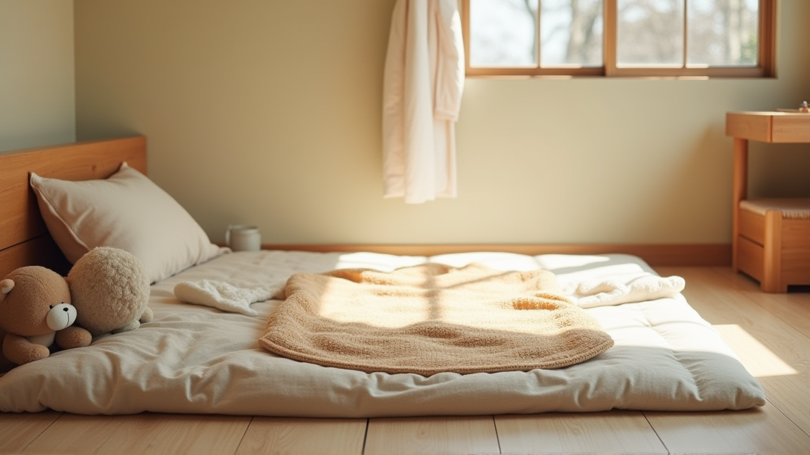 子ども用のスリーパーと布団が並んだ寝室