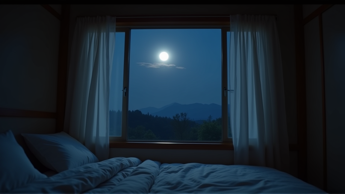 秋の夜に窓を少し開けて換気している寝室