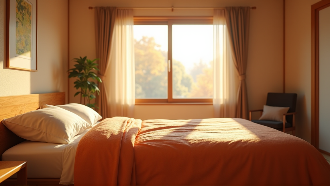秋の朝に快適に目覚めるベッドルーム