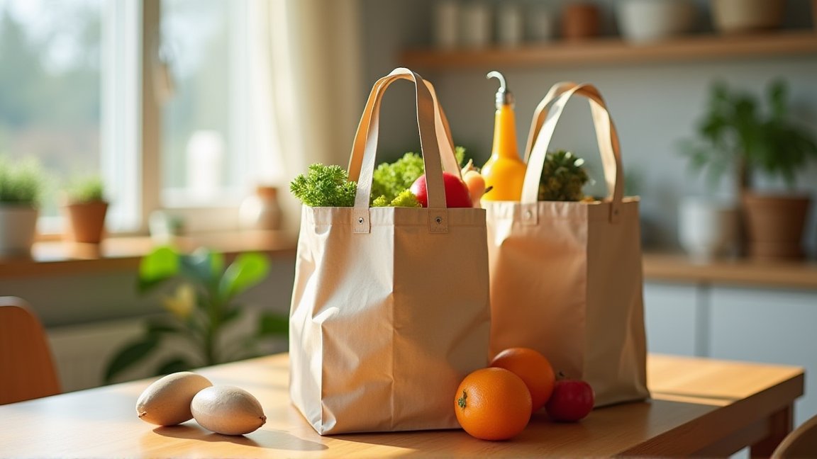 エコバッグにお買い得品が入ったキッチンテーブルの風景