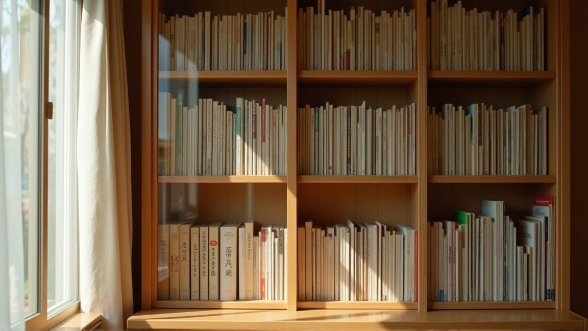 ガラス戸付きの本棚に本がきれいに並んでいる様子