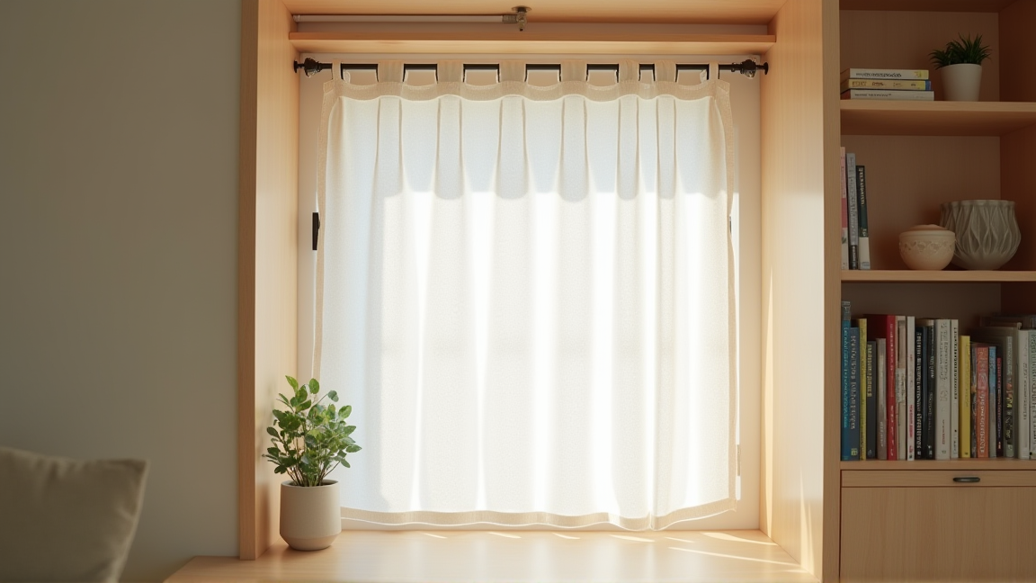 本棚の前にカーテンを取り付けたホコリ防止の工夫