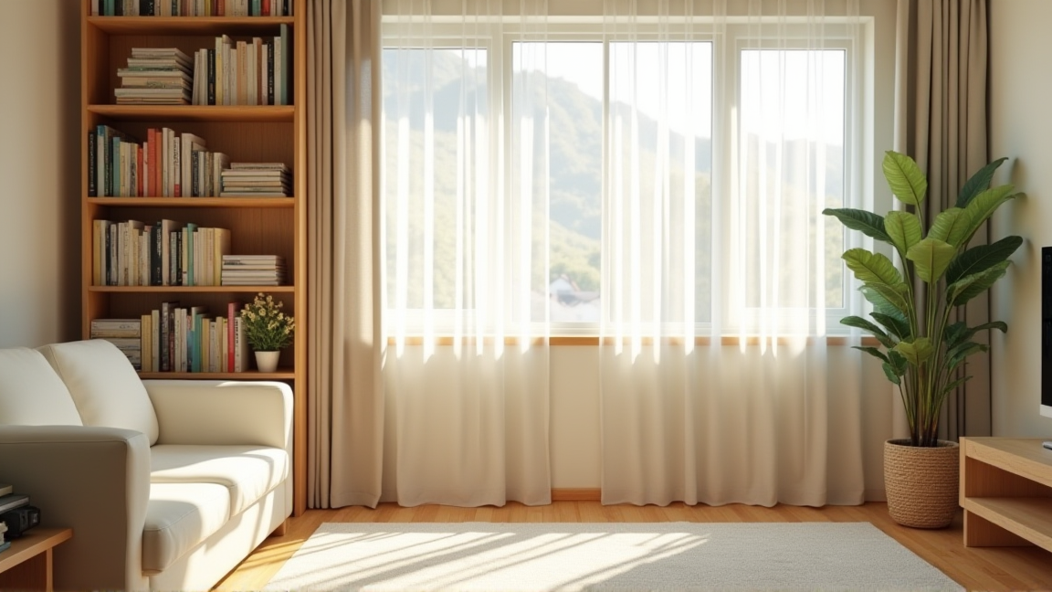 きれいに整頓された本棚のある明るいリビング