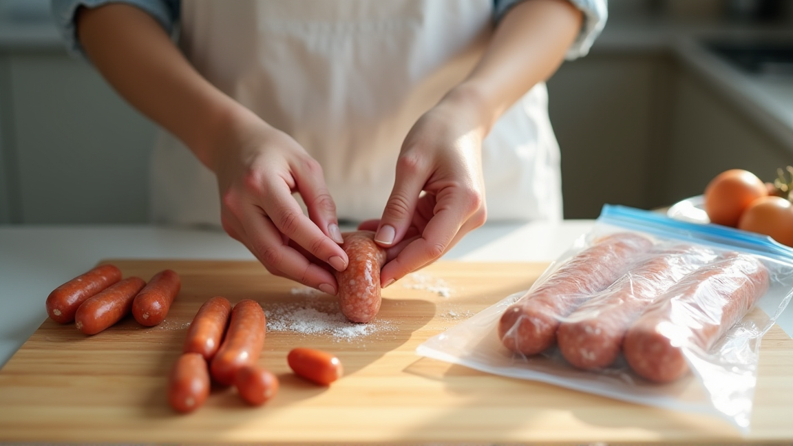 ウインナーをラップとフリーザーバッグで小分け冷凍する手元