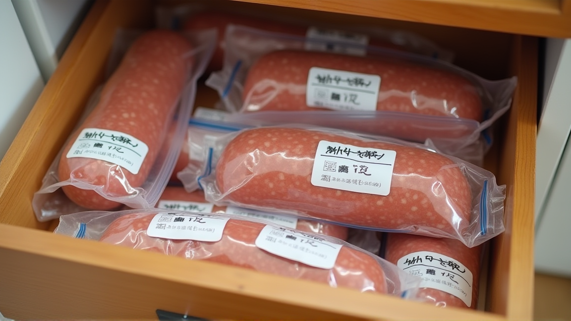 日付ラベルを貼ったフリーザーバッグに入ったウインナー