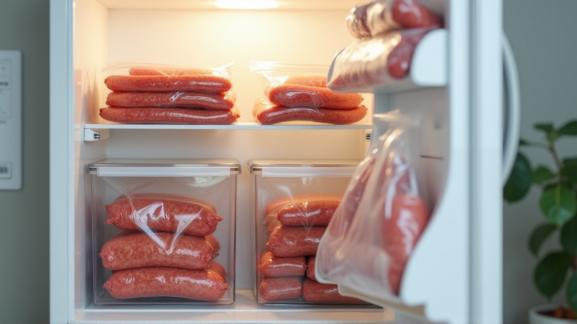 整理された冷凍庫の中に並ぶ食材とウインナーのフリーザーバッグ