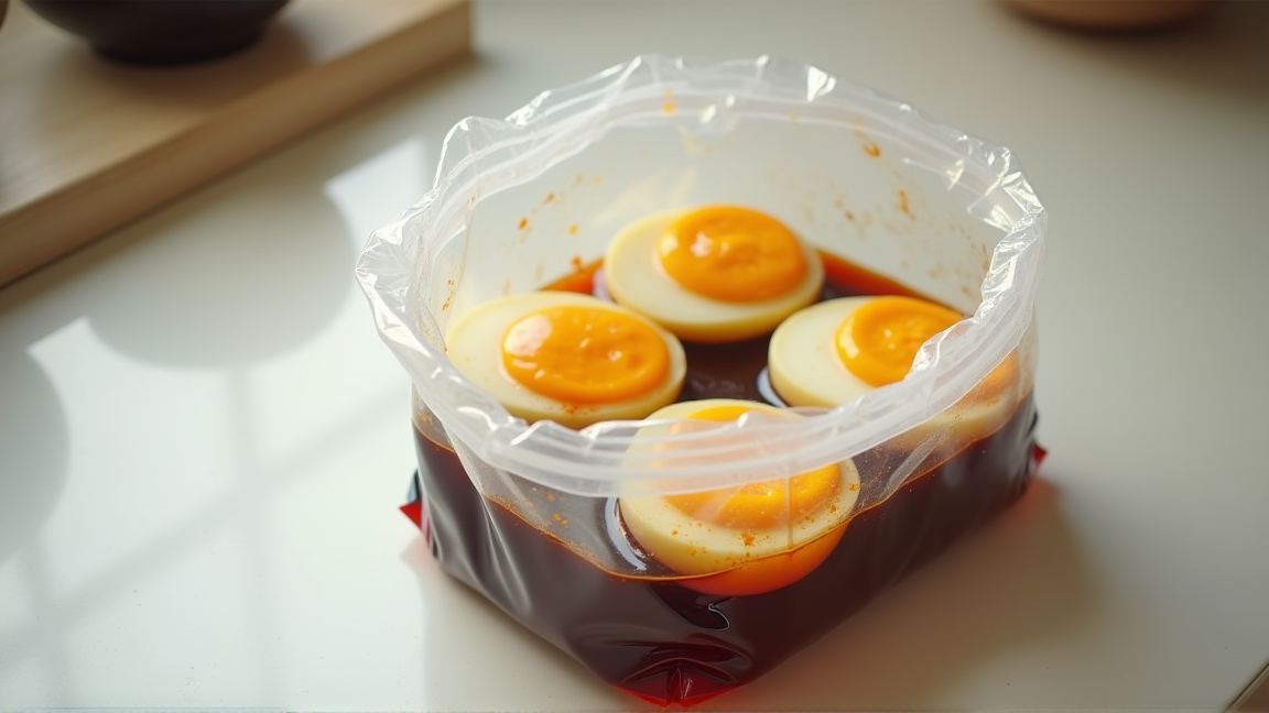 ジッパー付き保存袋に漬けダレごと入った煮卵