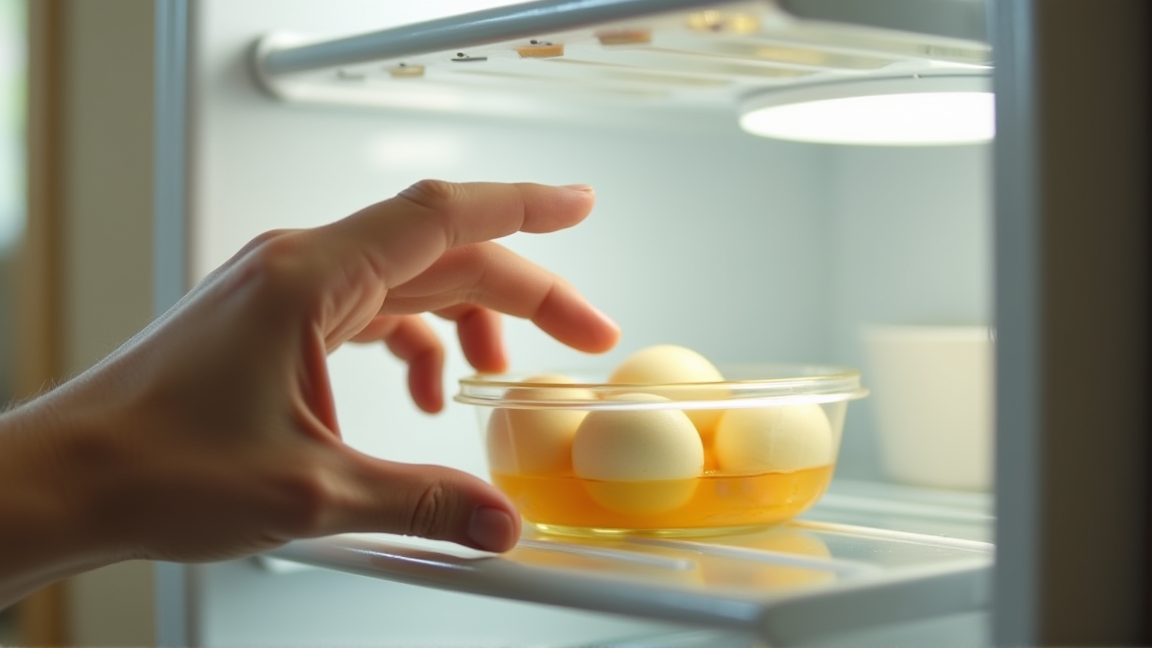 冷蔵庫を開けて煮卵の保存容器を確認している手元