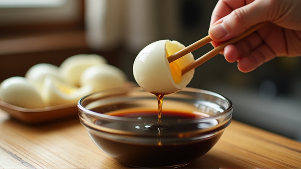 煮卵をタレに漬け込んでいる調理工程