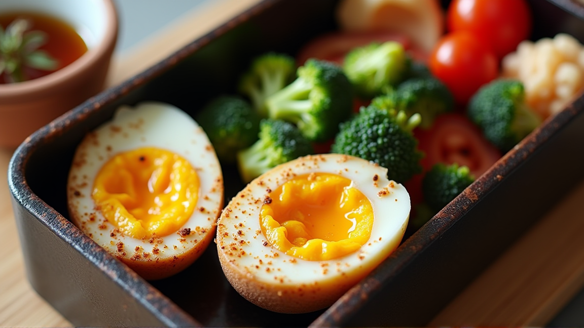 お弁当箱に煮卵と彩り豊かなおかずが詰められた様子