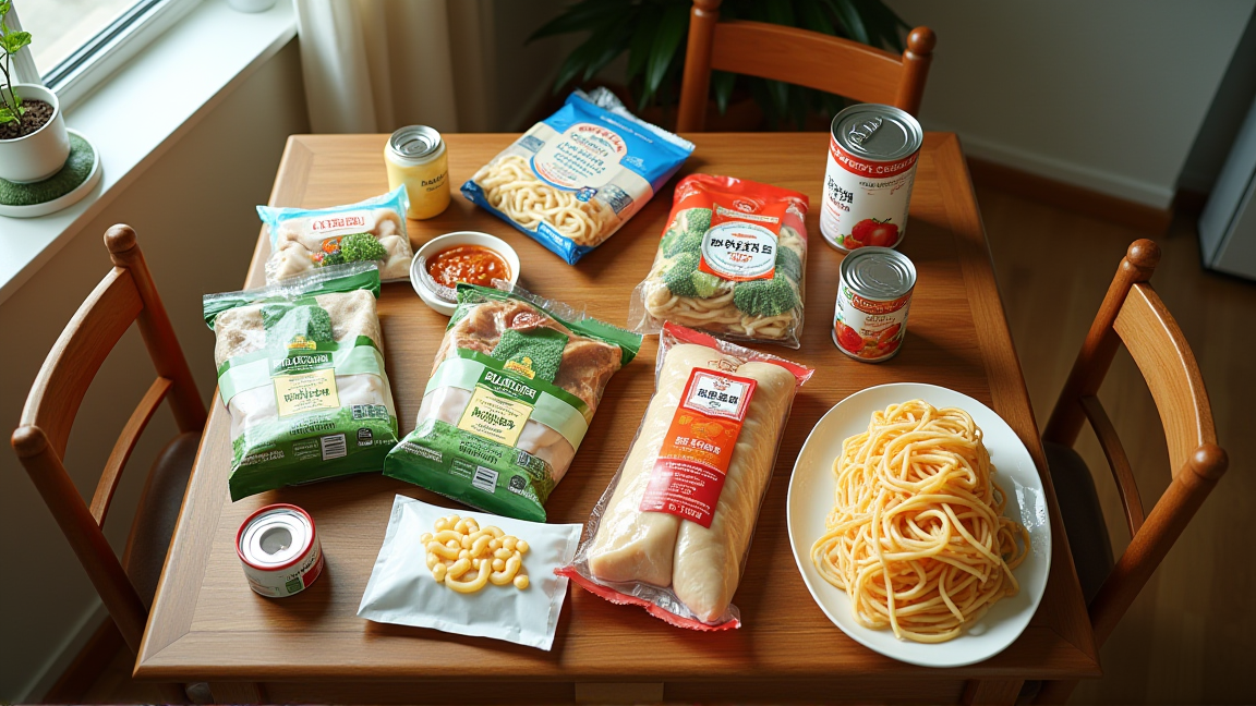 業務スーパーで購入した食材がキッチンテーブルに並ぶ様子