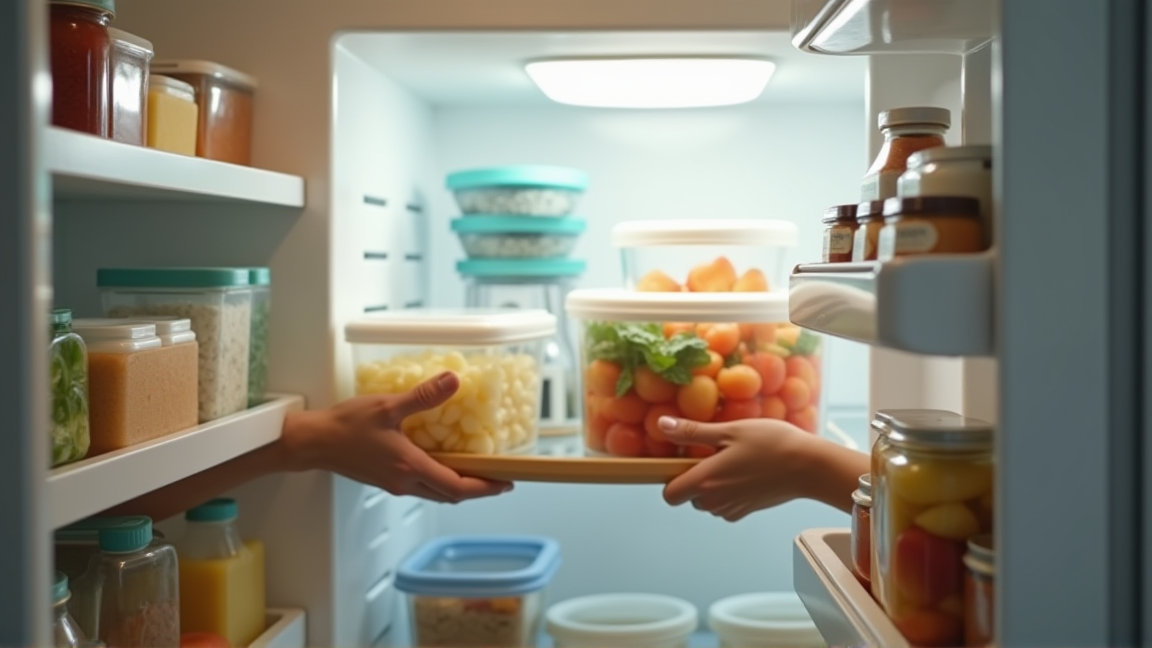 冷蔵庫を開けて整理された食材を確認する手元