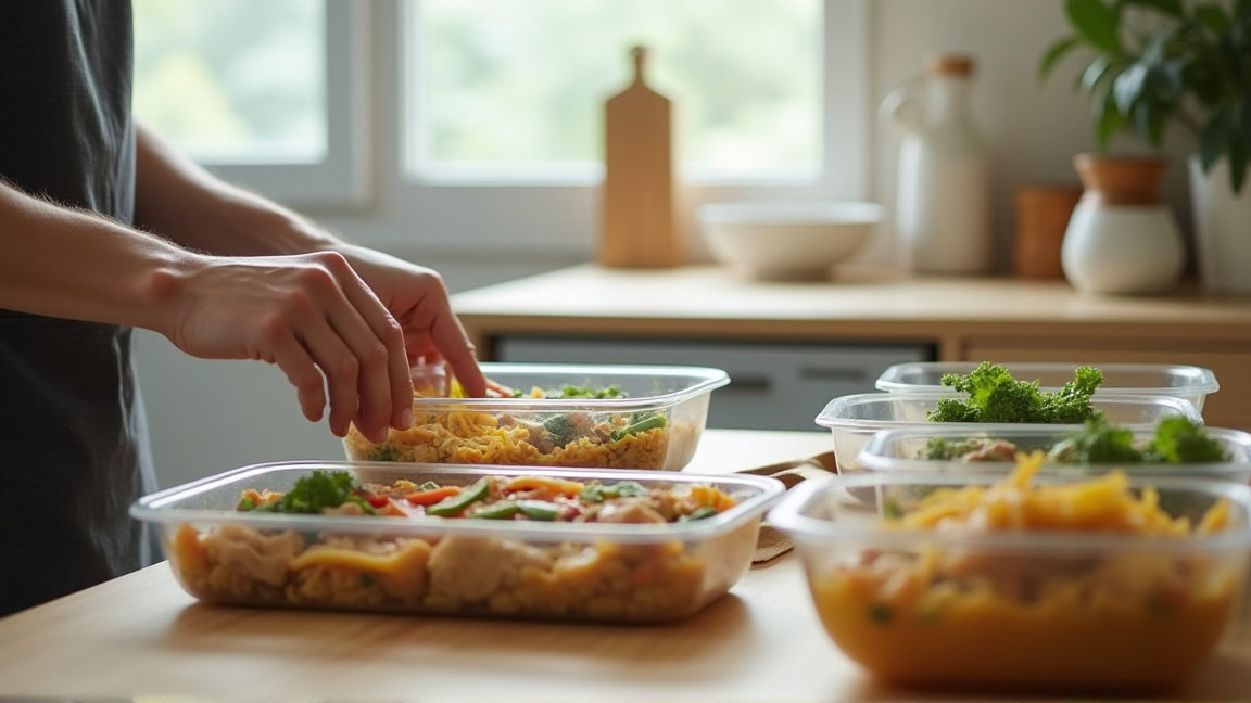 キッチンで作り置き料理を保存容器に詰めている手元