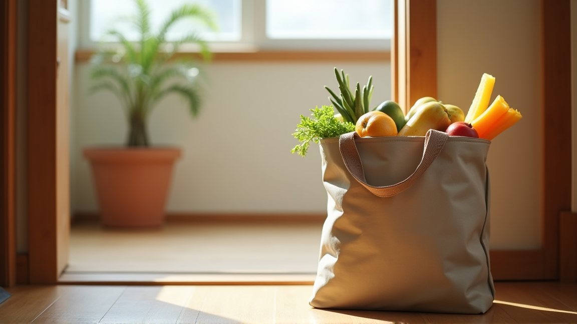 保冷バッグに食材を入れて持ち帰る様子