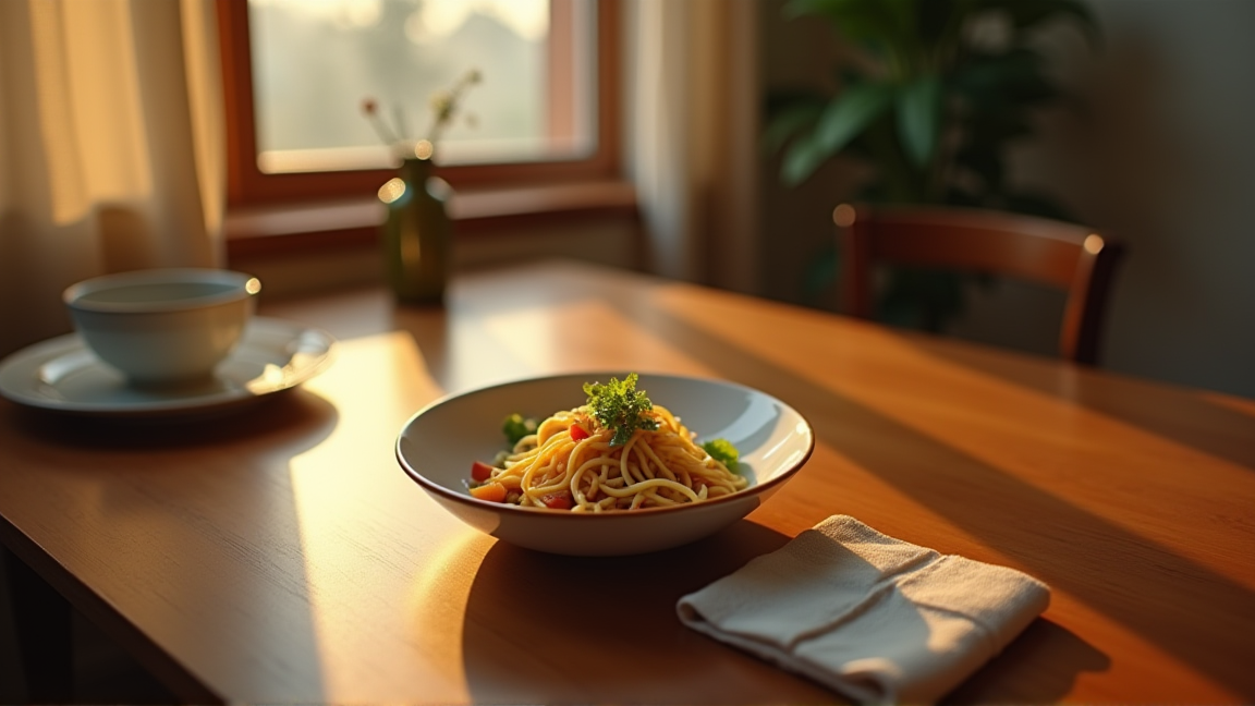 整理されたキッチンで一人暮らしの食事を楽しむテーブルの様子