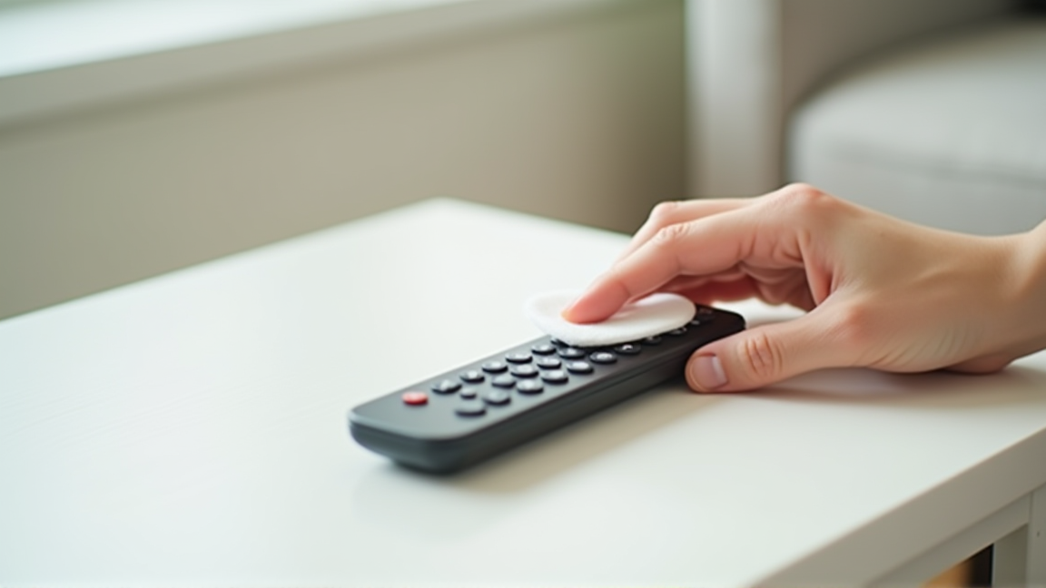 無水エタノールとコットンでリモコンを拭いている手元