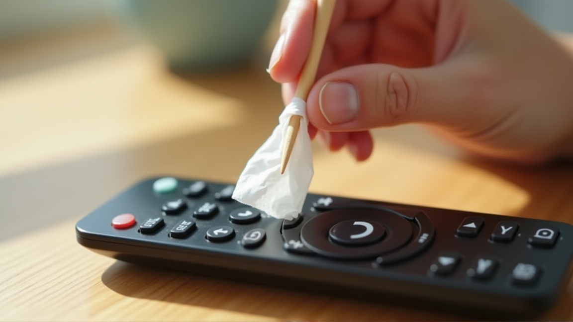 つまようじでリモコンのボタンの隙間を掃除している手元