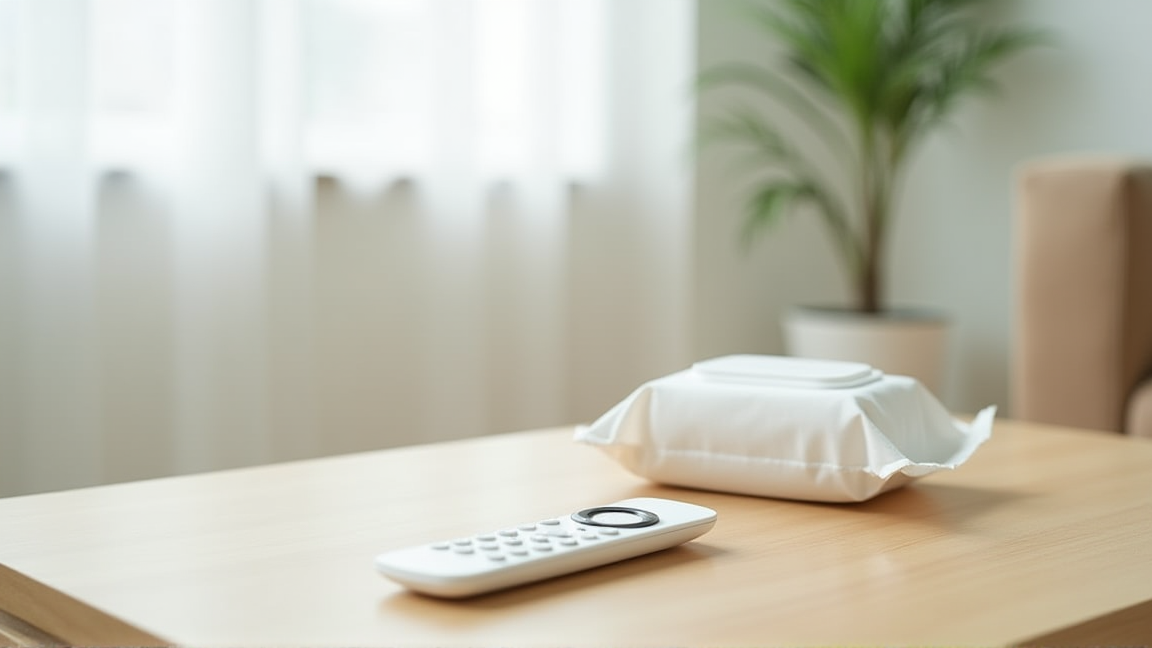 清潔なリモコンとウェットティッシュが並んでいるテーブル
