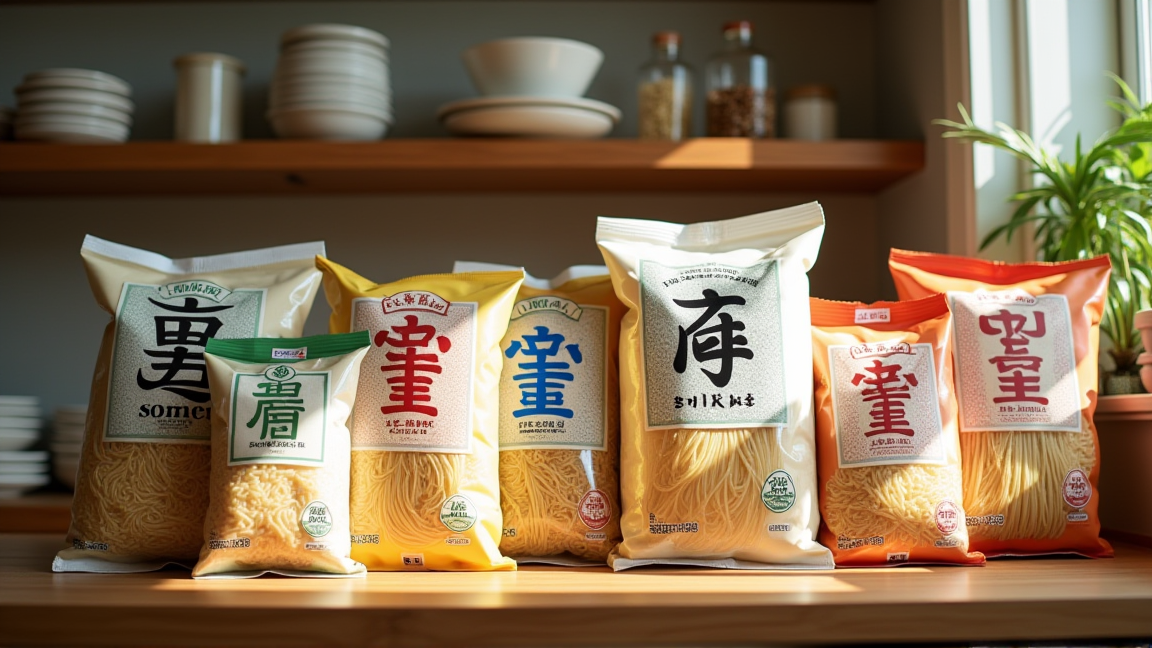 キッチンの棚に並ぶ乾麺のパッケージ