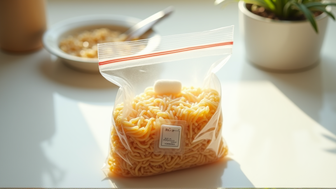 ジッパー付き保存袋に入れた乾麺と乾燥剤