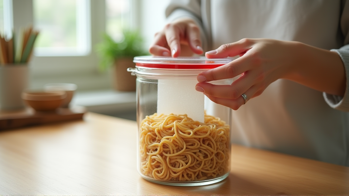 乾燥剤入りの容器に乾麺を保存する手元