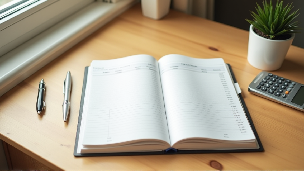 家計簿と電卓で保険を検討する様子