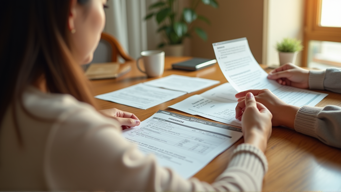 夫婦で保険の資料を見比べる様子